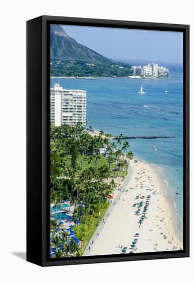 Waikiki Beach and Diamond Head, Waikiki, Honolulu, Oahu, Hawaii, United States of America, Pacific-Michael DeFreitas-Framed Premier Image Canvas