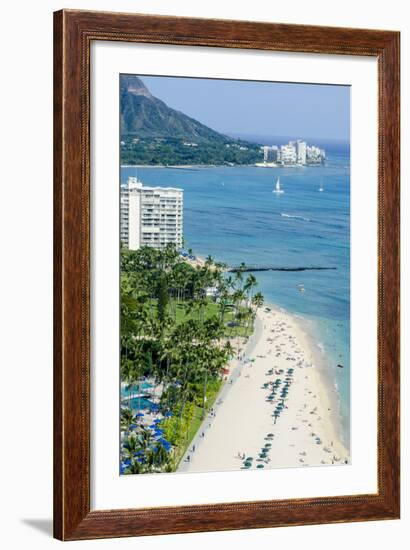 Waikiki Beach and Diamond Head, Waikiki, Honolulu, Oahu, Hawaii, United States of America, Pacific-Michael DeFreitas-Framed Photographic Print