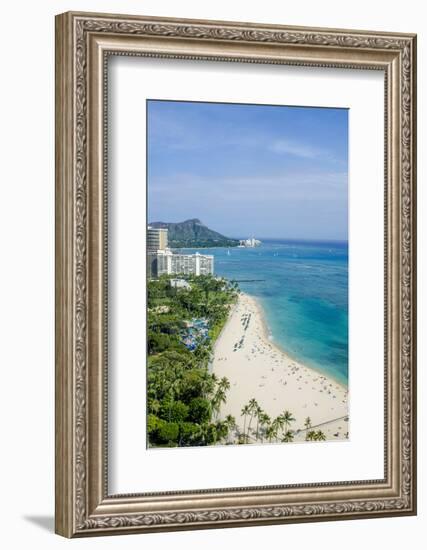 Waikiki Beach and Diamond Head, Waikiki, Honolulu, Oahu, Hawaii, United States of America, Pacific-Michael DeFreitas-Framed Photographic Print