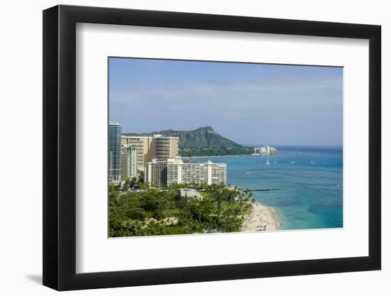 Waikiki Beach and Diamond Head, Waikiki, Honolulu, Oahu, Hawaii, United States of America, Pacific-Michael DeFreitas-Framed Photographic Print