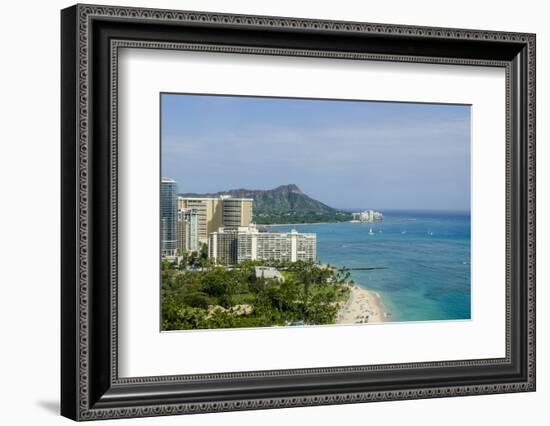 Waikiki Beach and Diamond Head, Waikiki, Honolulu, Oahu, Hawaii, United States of America, Pacific-Michael DeFreitas-Framed Photographic Print