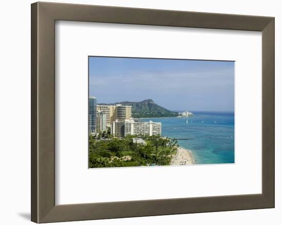 Waikiki Beach and Diamond Head, Waikiki, Honolulu, Oahu, Hawaii, United States of America, Pacific-Michael DeFreitas-Framed Photographic Print