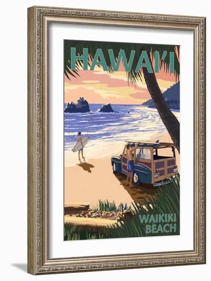 Waikiki Beach, Hawai'i - Woody on Beach-Lantern Press-Framed Art Print