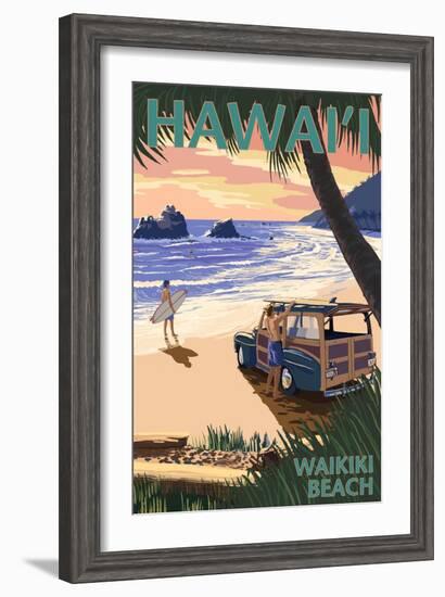 Waikiki Beach, Hawai'i - Woody on Beach-Lantern Press-Framed Art Print