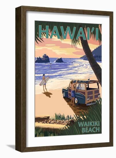 Waikiki Beach, Hawai'i - Woody on Beach-Lantern Press-Framed Art Print