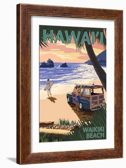 Waikiki Beach, Hawai'i - Woody on Beach-Lantern Press-Framed Art Print