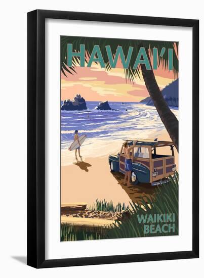 Waikiki Beach, Hawai'i - Woody on Beach-Lantern Press-Framed Art Print