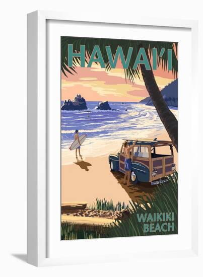 Waikiki Beach, Hawai'i - Woody on Beach-Lantern Press-Framed Art Print