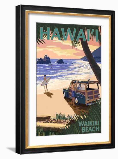 Waikiki Beach, Hawai'i - Woody on Beach-Lantern Press-Framed Art Print