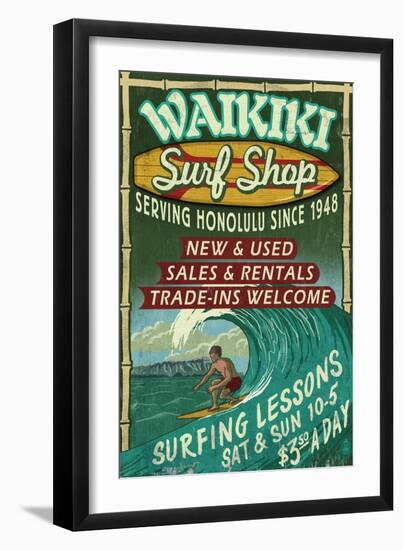 Waikiki Beach, Hawaii - Surf Shop-Lantern Press-Framed Art Print