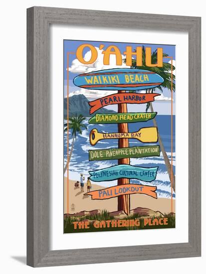 Waikiki Beach, Oahu, Hawaii - Sign Destinations-Lantern Press-Framed Art Print