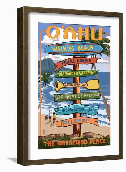 Waikiki Beach, Oahu, Hawaii - Sign Destinations-Lantern Press-Framed Art Print