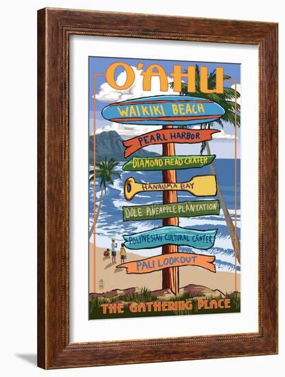 Waikiki Beach, Oahu, Hawaii - Sign Destinations-Lantern Press-Framed Art Print