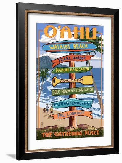 Waikiki Beach, Oahu, Hawaii - Sign Destinations-Lantern Press-Framed Art Print