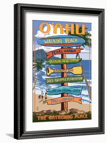 Waikiki Beach, Oahu, Hawaii - Sign Destinations-Lantern Press-Framed Art Print