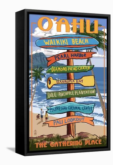 Waikiki Beach, Oahu, Hawaii - Sign Destinations-Lantern Press-Framed Stretched Canvas