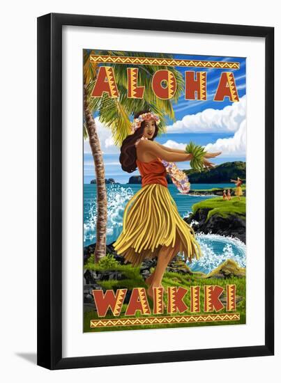 Waikiki, Hawaii - Aloha - Hawaii Hula Girl on Coast-Lantern Press-Framed Art Print