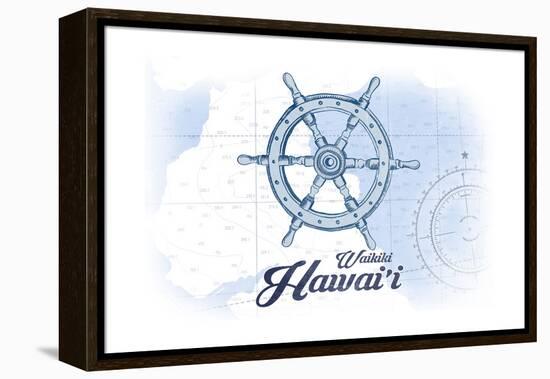 Waikiki, Hawaii - Ship Wheel - Blue - Coastal Icon-Lantern Press-Framed Stretched Canvas