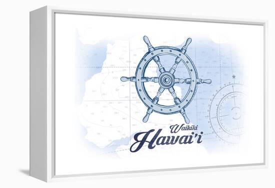 Waikiki, Hawaii - Ship Wheel - Blue - Coastal Icon-Lantern Press-Framed Stretched Canvas