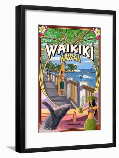 Waikiki, Hawaii - Town Scenes Montage-Lantern Press-Framed Art Print