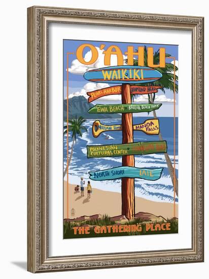 Waikiki, Oahu, Hawaii - Sign Destinations-Lantern Press-Framed Art Print