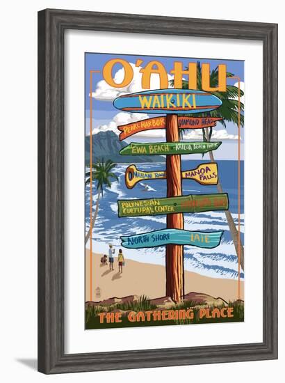 Waikiki, Oahu, Hawaii - Sign Destinations-Lantern Press-Framed Art Print