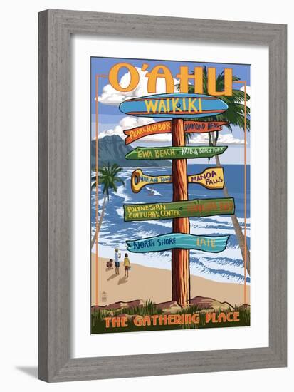 Waikiki, Oahu, Hawaii - Sign Destinations-Lantern Press-Framed Art Print