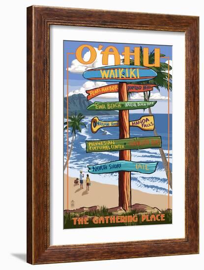 Waikiki, Oahu, Hawaii - Sign Destinations-Lantern Press-Framed Art Print