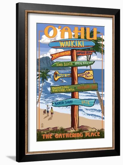 Waikiki, Oahu, Hawaii - Sign Destinations-Lantern Press-Framed Art Print