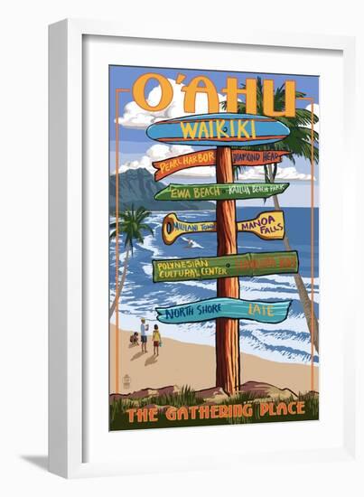 Waikiki, Oahu, Hawaii - Sign Destinations-Lantern Press-Framed Art Print