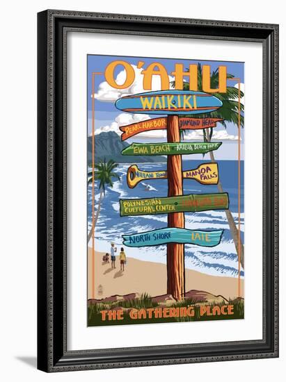 Waikiki, Oahu, Hawaii - Sign Destinations-Lantern Press-Framed Art Print