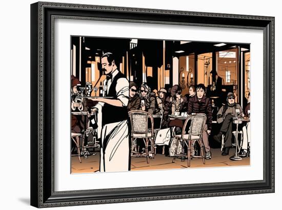 Waiter Serving Customers at Traditional Outdoor Parisian Cafe - Vector Illustration-isaxar-Framed Art Print