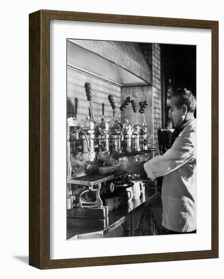 Waiter Using Espresso Machine in Restaurant at Cafe Partenopea-Fred Lyon-Framed Photographic Print