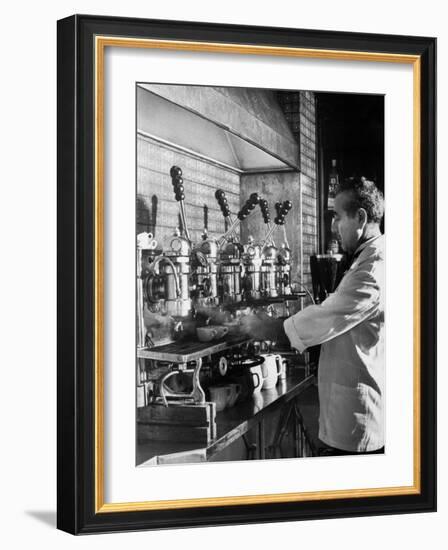 Waiter Using Espresso Machine in Restaurant at Cafe Partenopea-Fred Lyon-Framed Photographic Print