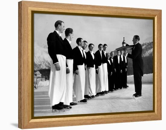 Waiters in Ice Skates Learning How to Serve Cocktails During Lesson at Grand Hotel Ice Rink-Alfred Eisenstaedt-Framed Premier Image Canvas