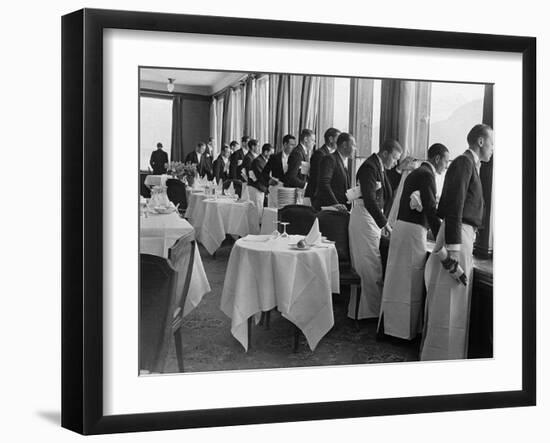 Waiters in the Grand Hotel Dining Room Lined Up at Window Watching Sonja Henie Ice Skating Outside-Alfred Eisenstaedt-Framed Photographic Print
