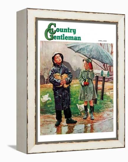 "Waiting for Bus in Rain," Country Gentleman Cover, April 1, 1948-Austin Briggs-Framed Premier Image Canvas