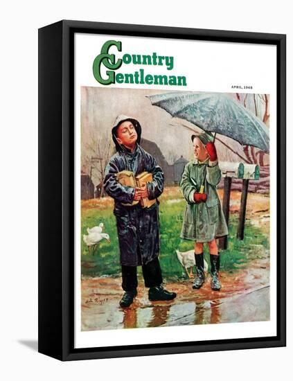 "Waiting for Bus in Rain," Country Gentleman Cover, April 1, 1948-Austin Briggs-Framed Premier Image Canvas