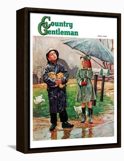 "Waiting for Bus in Rain," Country Gentleman Cover, April 1, 1948-Austin Briggs-Framed Premier Image Canvas