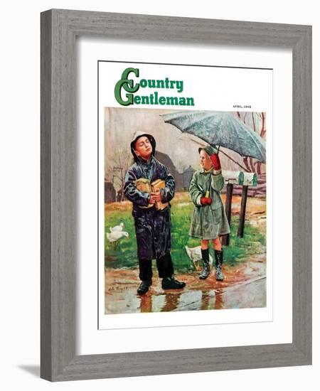 "Waiting for Bus in Rain," Country Gentleman Cover, April 1, 1948-Austin Briggs-Framed Giclee Print