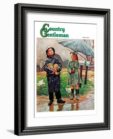 "Waiting for Bus in Rain," Country Gentleman Cover, April 1, 1948-Austin Briggs-Framed Giclee Print