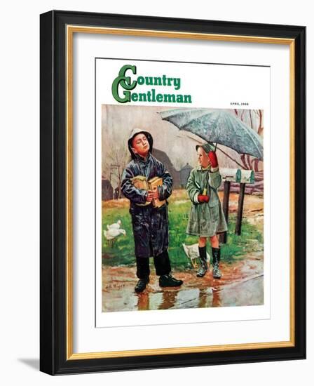 "Waiting for Bus in Rain," Country Gentleman Cover, April 1, 1948-Austin Briggs-Framed Giclee Print