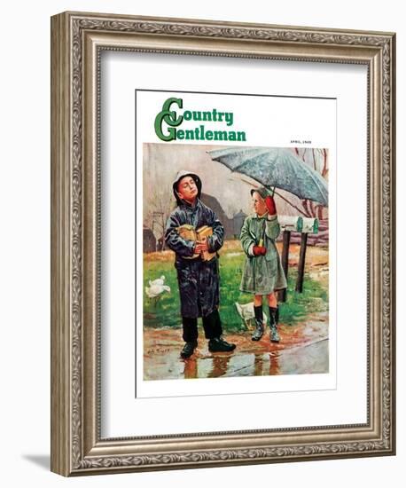 "Waiting for Bus in Rain," Country Gentleman Cover, April 1, 1948-Austin Briggs-Framed Giclee Print