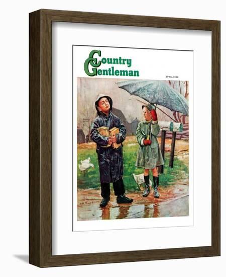 "Waiting for Bus in Rain," Country Gentleman Cover, April 1, 1948-Austin Briggs-Framed Giclee Print