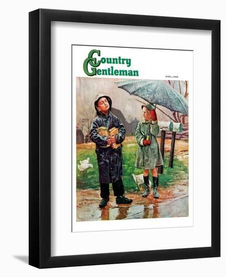 "Waiting for Bus in Rain," Country Gentleman Cover, April 1, 1948-Austin Briggs-Framed Giclee Print