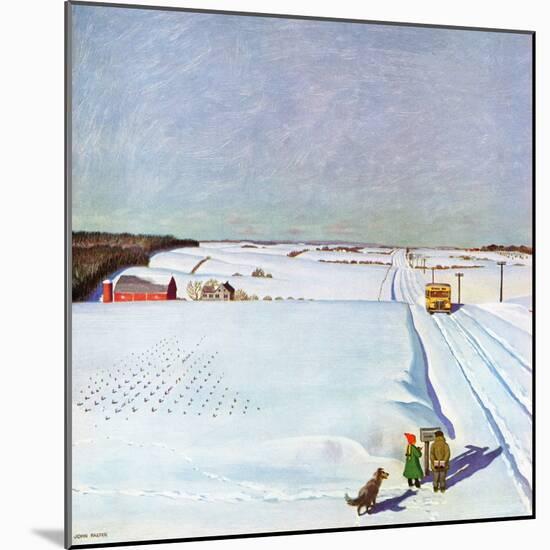 "Waiting for School Bus in Snow," February 1, 1947-John Falter-Mounted Giclee Print