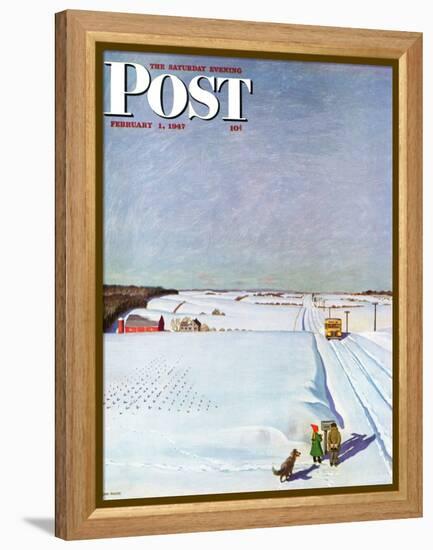 "Waiting for School Bus in Snow," Saturday Evening Post Cover, February 1, 1947-John Falter-Framed Premier Image Canvas