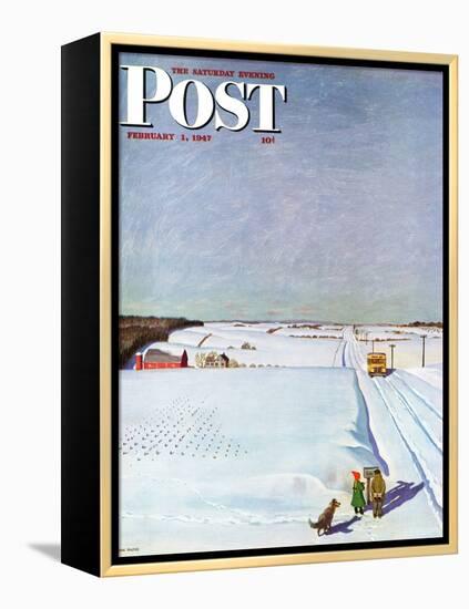 "Waiting for School Bus in Snow," Saturday Evening Post Cover, February 1, 1947-John Falter-Framed Premier Image Canvas