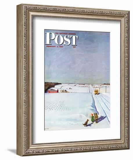 "Waiting for School Bus in Snow," Saturday Evening Post Cover, February 1, 1947-John Falter-Framed Giclee Print