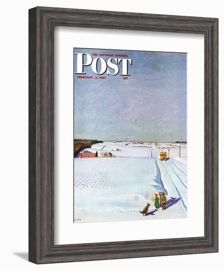 "Waiting for School Bus in Snow," Saturday Evening Post Cover, February 1, 1947-John Falter-Framed Giclee Print